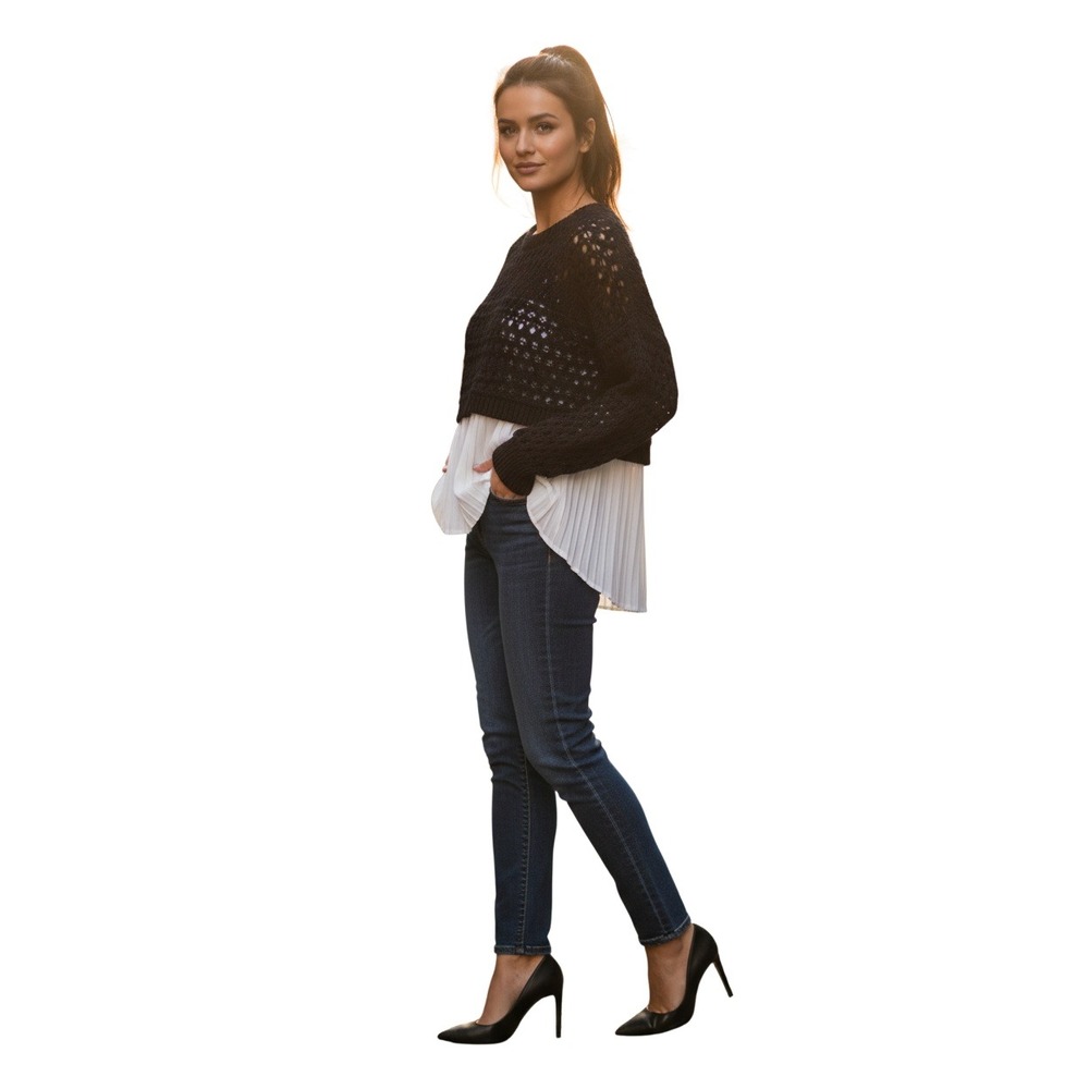 Maeve Anthropologie Mixed Media Sweater Navy Blue Open Knit White Pleated Hem S